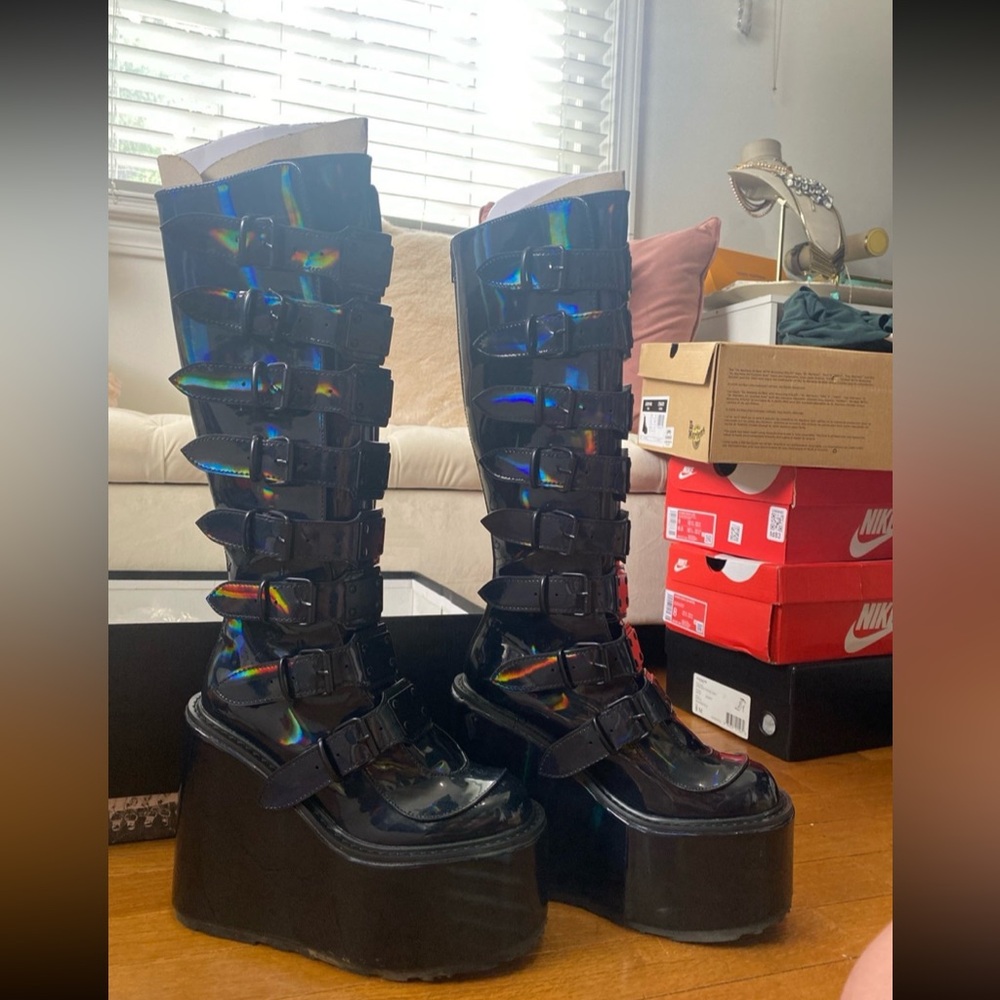 Demonia Swing-815 Black Holographic Patent Boots - Picture 4 of 8